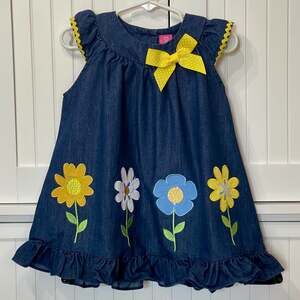 Good Lad Toddler Girl Denim Flower Applique Dress w/Yellow Bow & Ruffle Hem